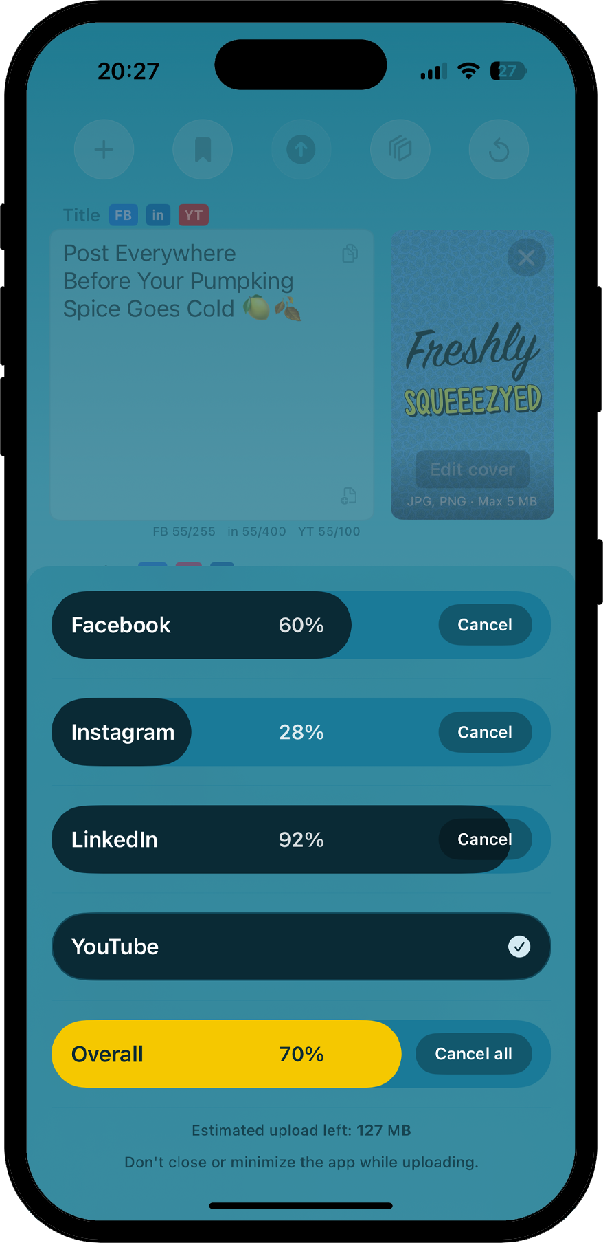 Squeeezy on iPhone uploading to Facebook, Instagram, and YouTube