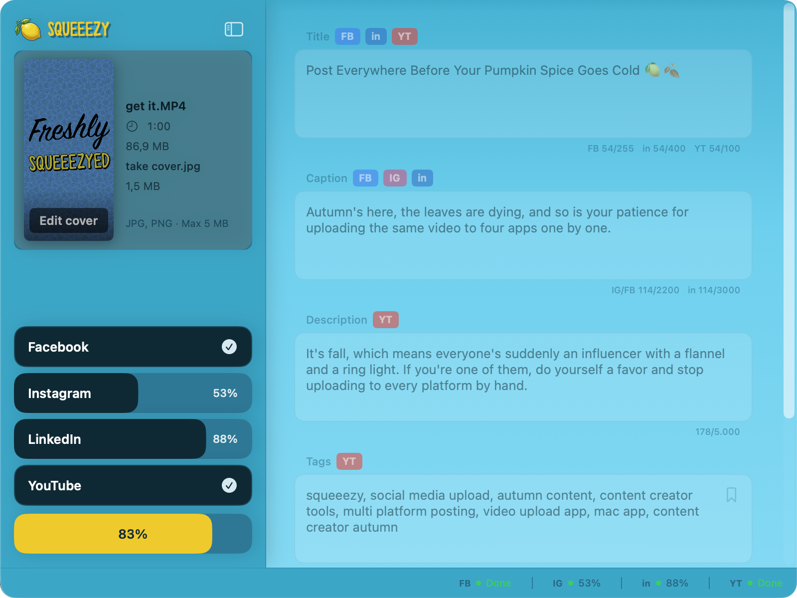 Squeeezy on Mac uploading to Facebook, Instagram, LinkedIn, and YouTube
